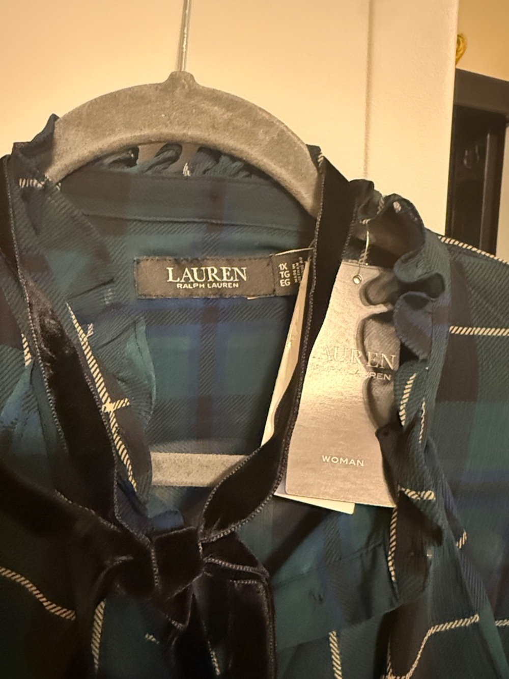 Lauren Ralph Lauren Teal and Black Plaid Ruffle Bow Blouse - Picture 2 of 2